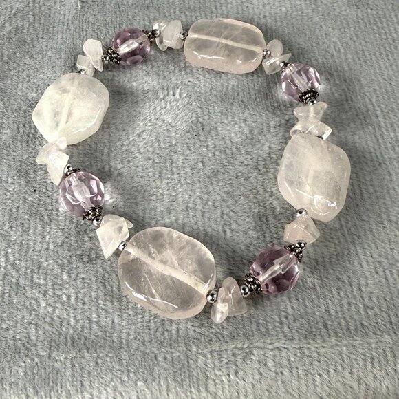 Rose Quartz & Amethyst Color Beaded Stretch Bracelet Women Adjusts - Picture 2 of 16